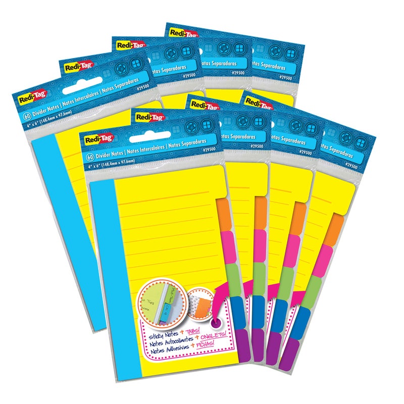 Redi-Tag Divider Sticky Notes, Tabbed Self-Stick Lined Notepads, 480 Ruled Notes, 4" x 6", 8 Books Per Pack, Assorted Colors (B29508) - Image 1